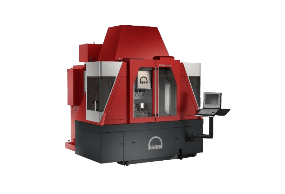 The Kern Pyramid Nano CNC machining centre, with its distinctive red and black design, stands out as the most precise 3-axis machine in the world.